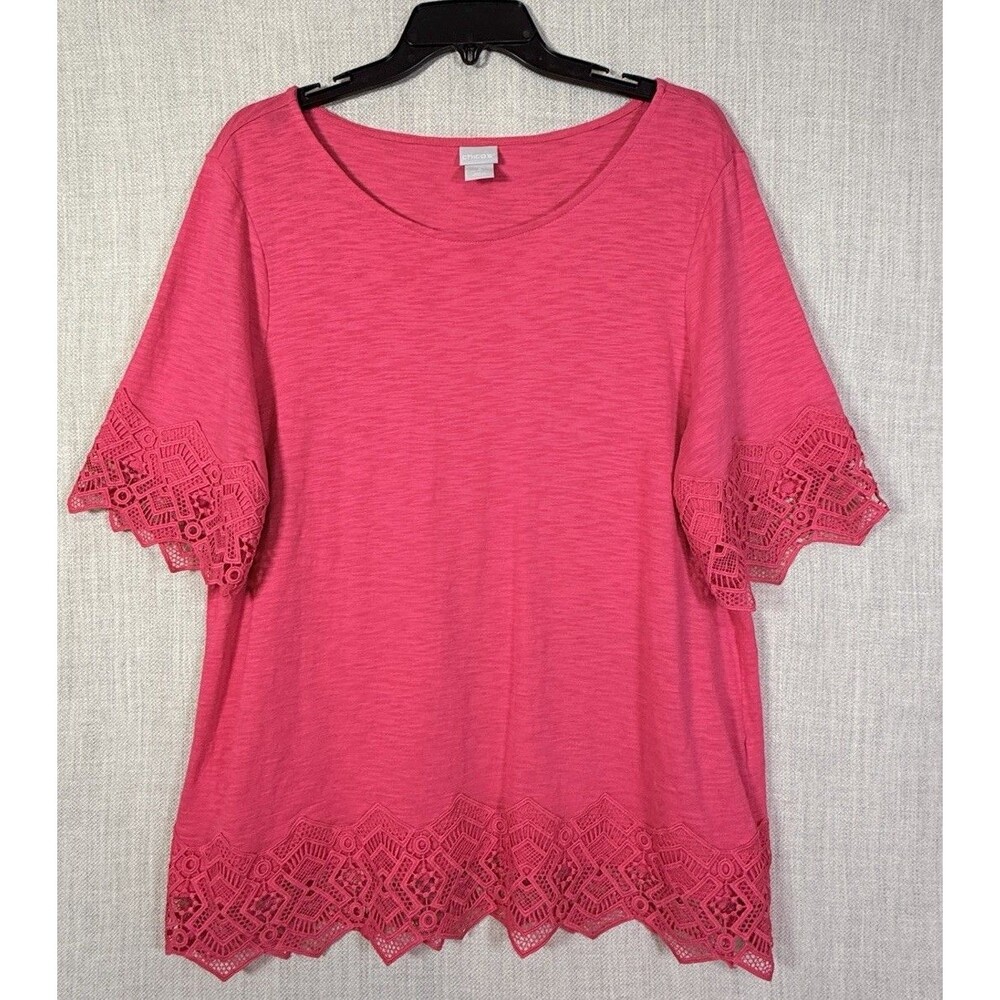 Chico’s 3 Crochet Lace 1/2 Sleeve Scalloped Hem Pink Popover Top Women’s X Large